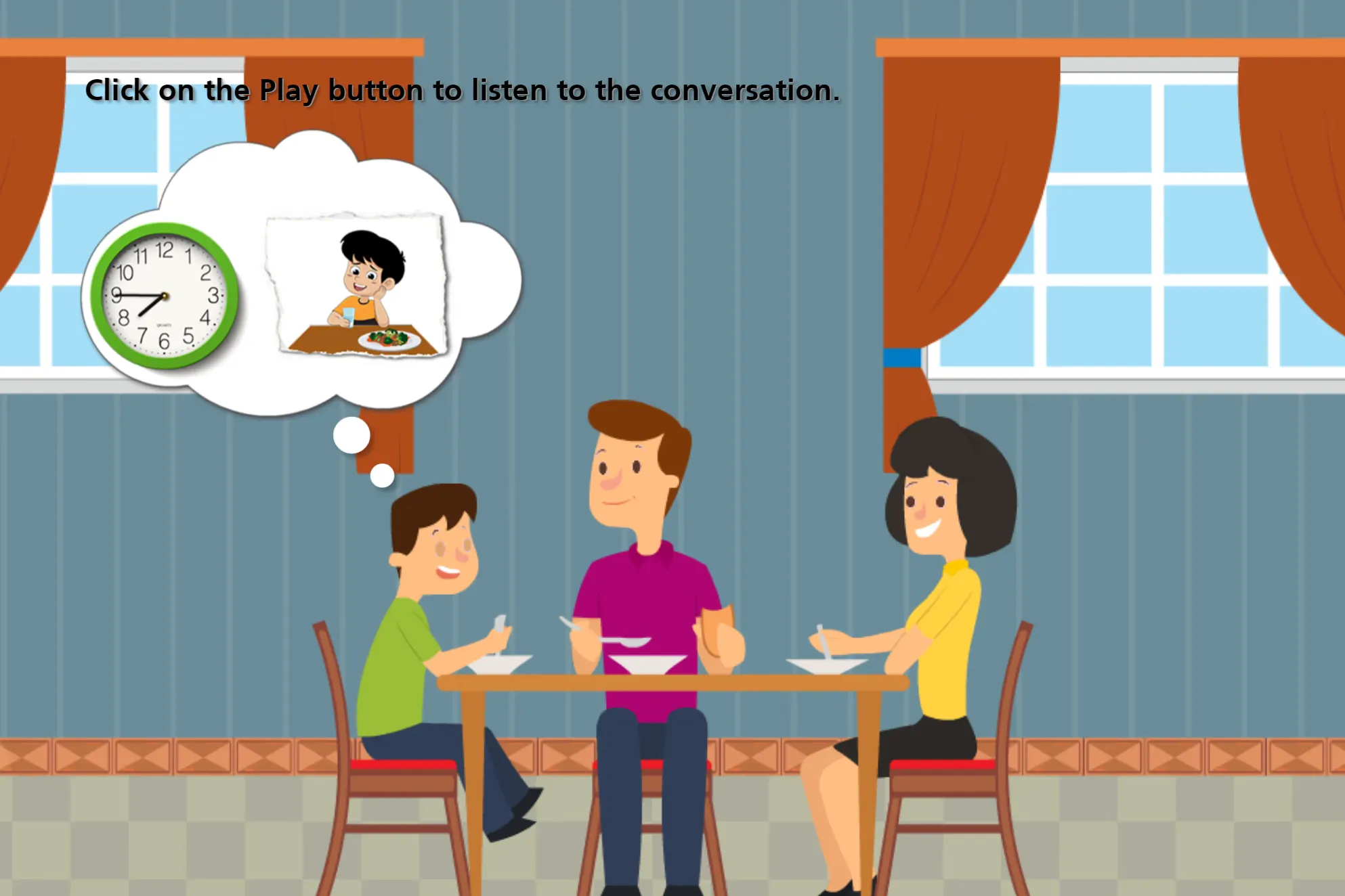 Conversation activity: a family talking at the dinner table